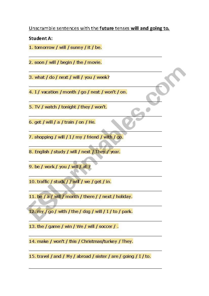 Future Will Going To Unscramble Sentences Esl Worksheet By Missake2