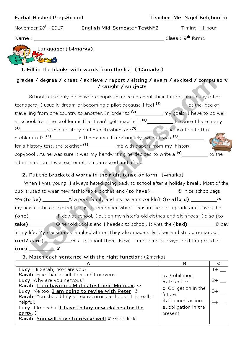 9th forms test2 worksheet
