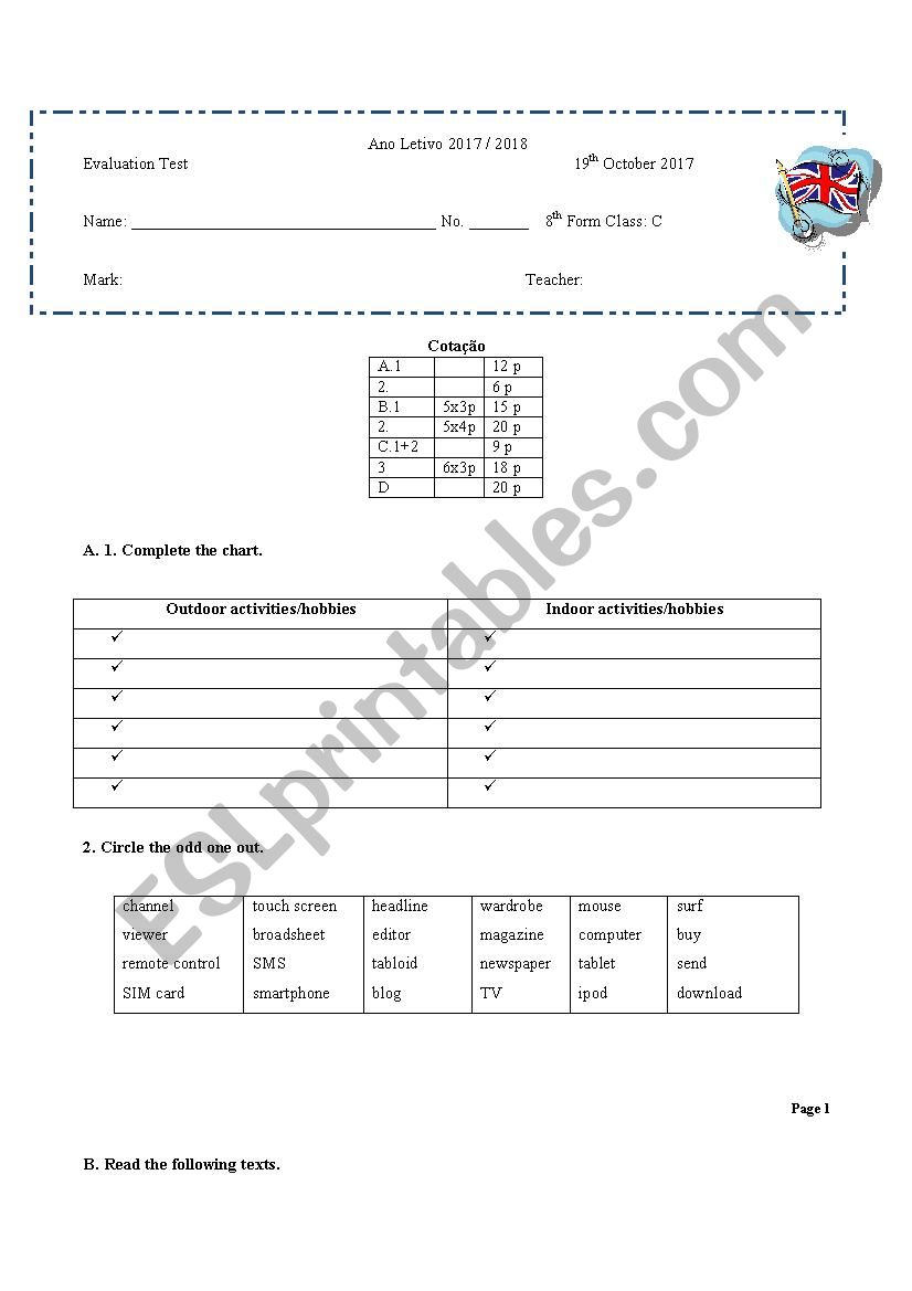Evaluation Test worksheet