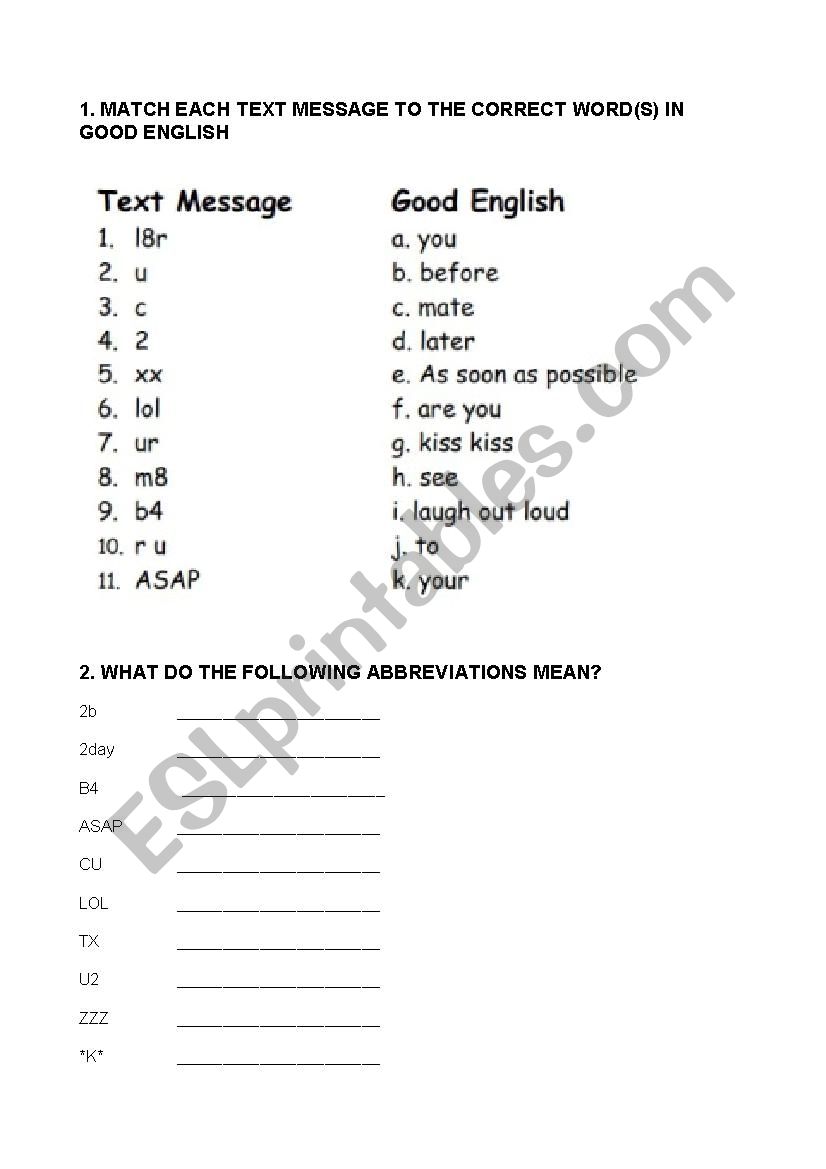 texting worksheet