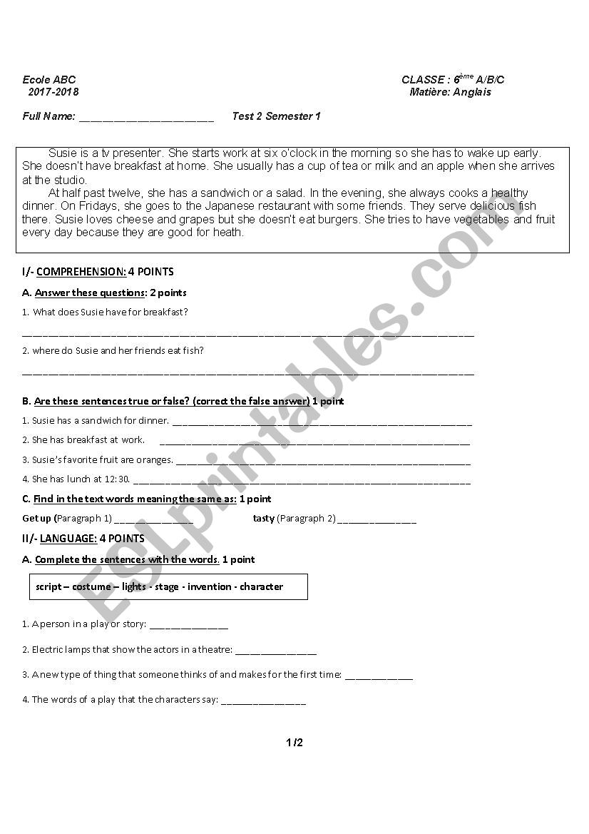 A TV Presenter worksheet