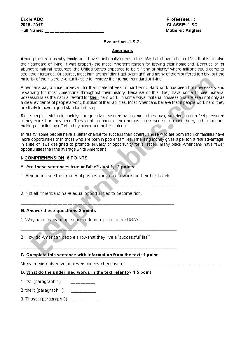 Americans worksheet