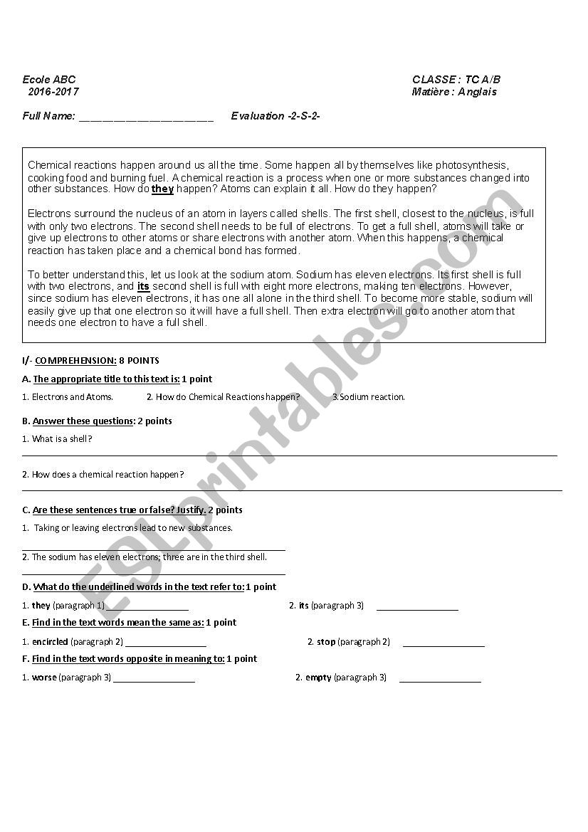 Chemical Reactions worksheet