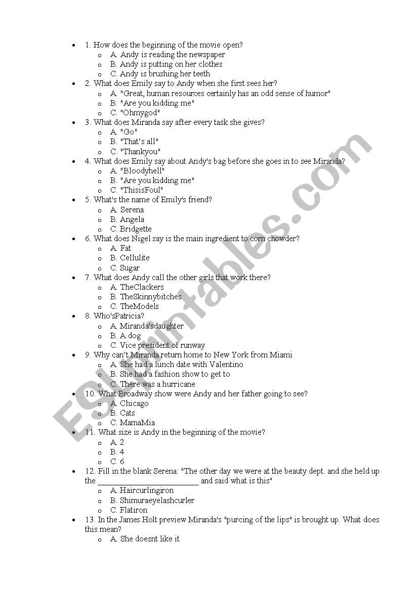 Devil Wears Prada exercises worksheet