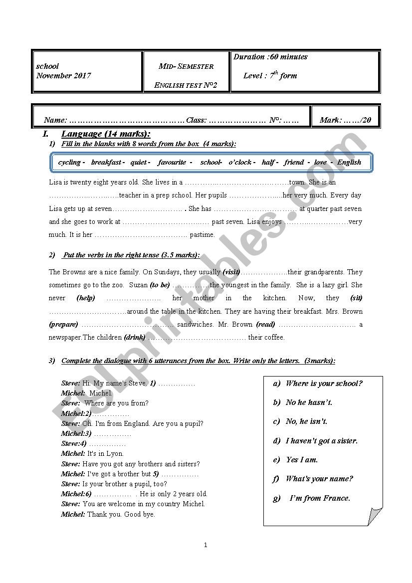 mid-semester test 2  7th form worksheet