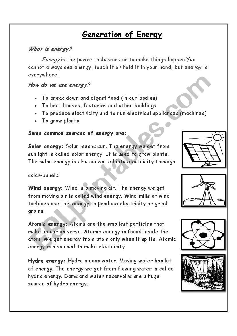 Generation of Energy worksheet