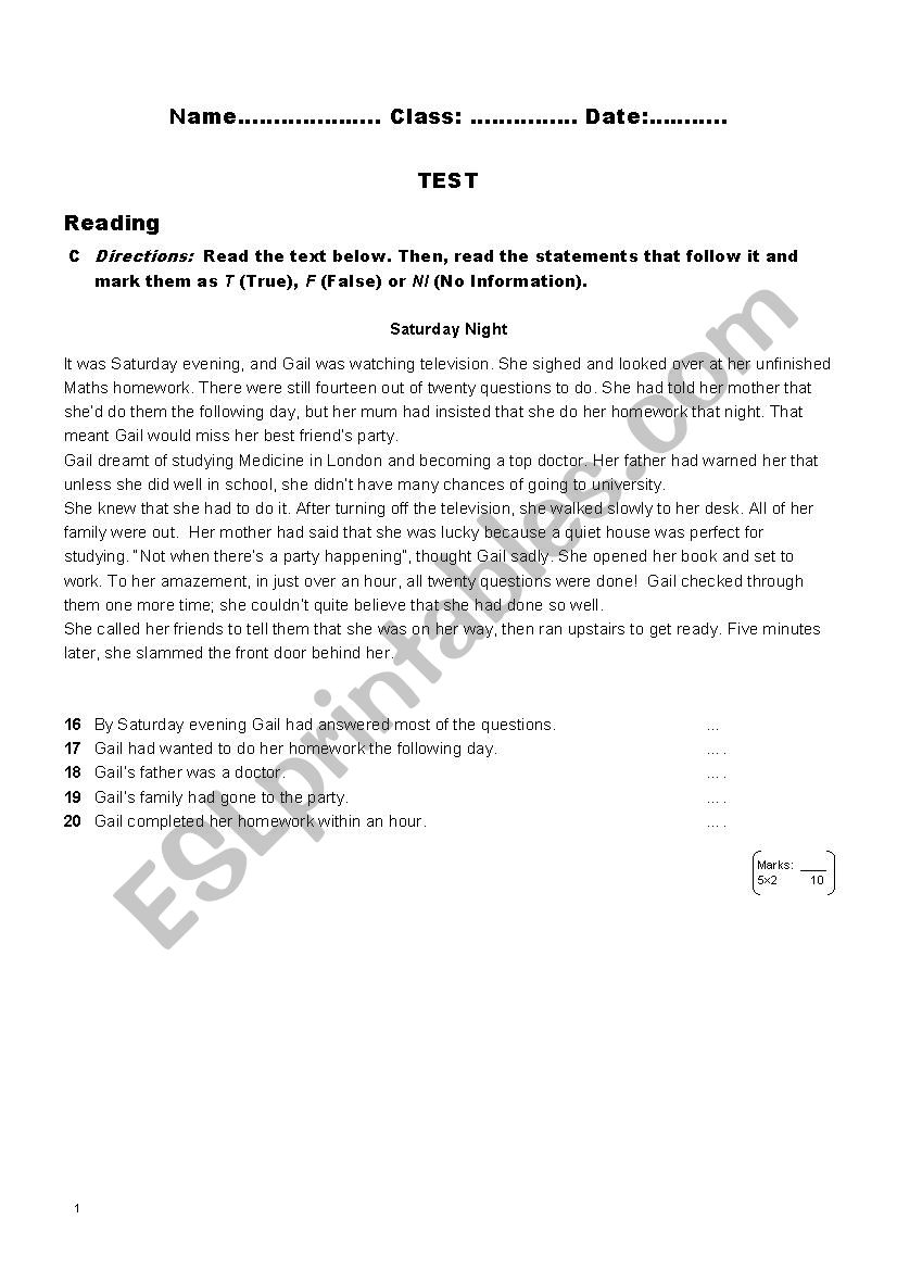 Test: reading, use of English, reported speech, writing