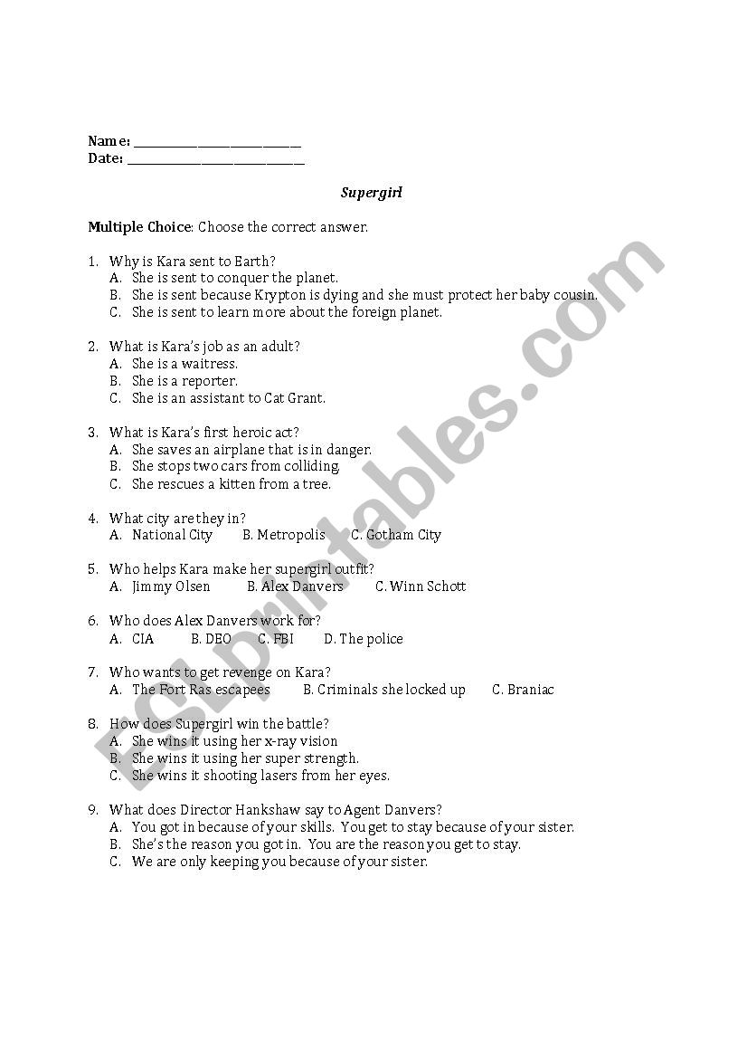 Supergirl Episode 1 worksheet