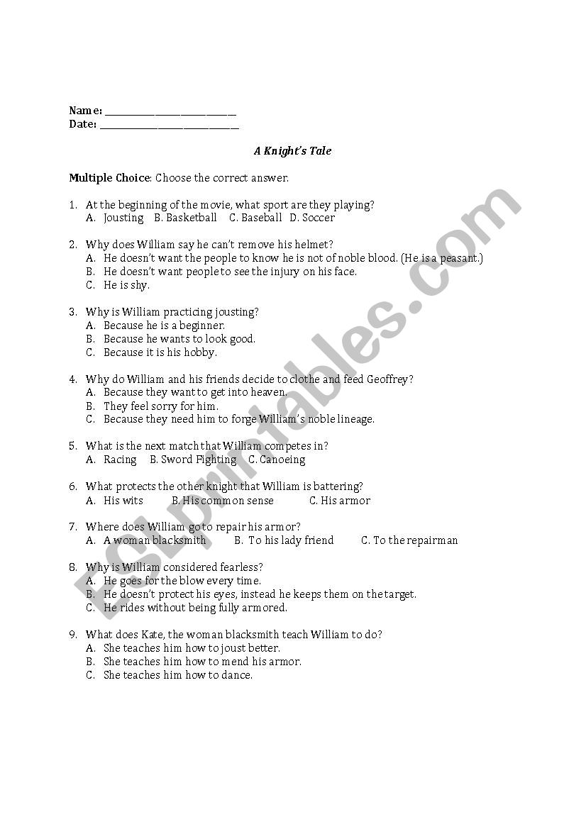 A Knights Tale worksheet