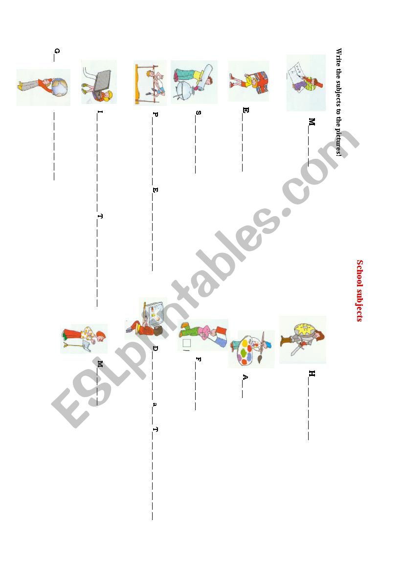 School subjects gap filling worksheet