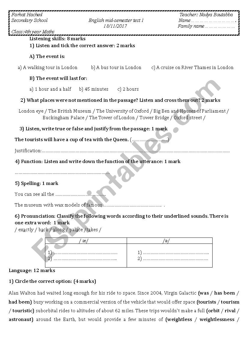 Mid-semester test 1 4th year worksheet