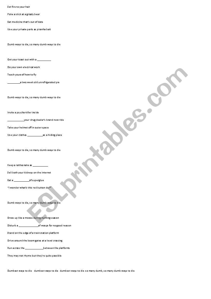 dumb ways to die gap fill worksheet