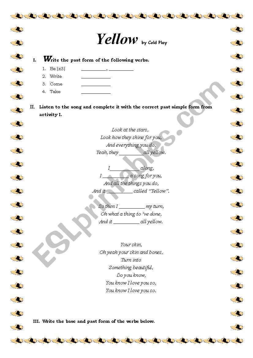 pAST SIMPLE SONG YELLOW worksheet