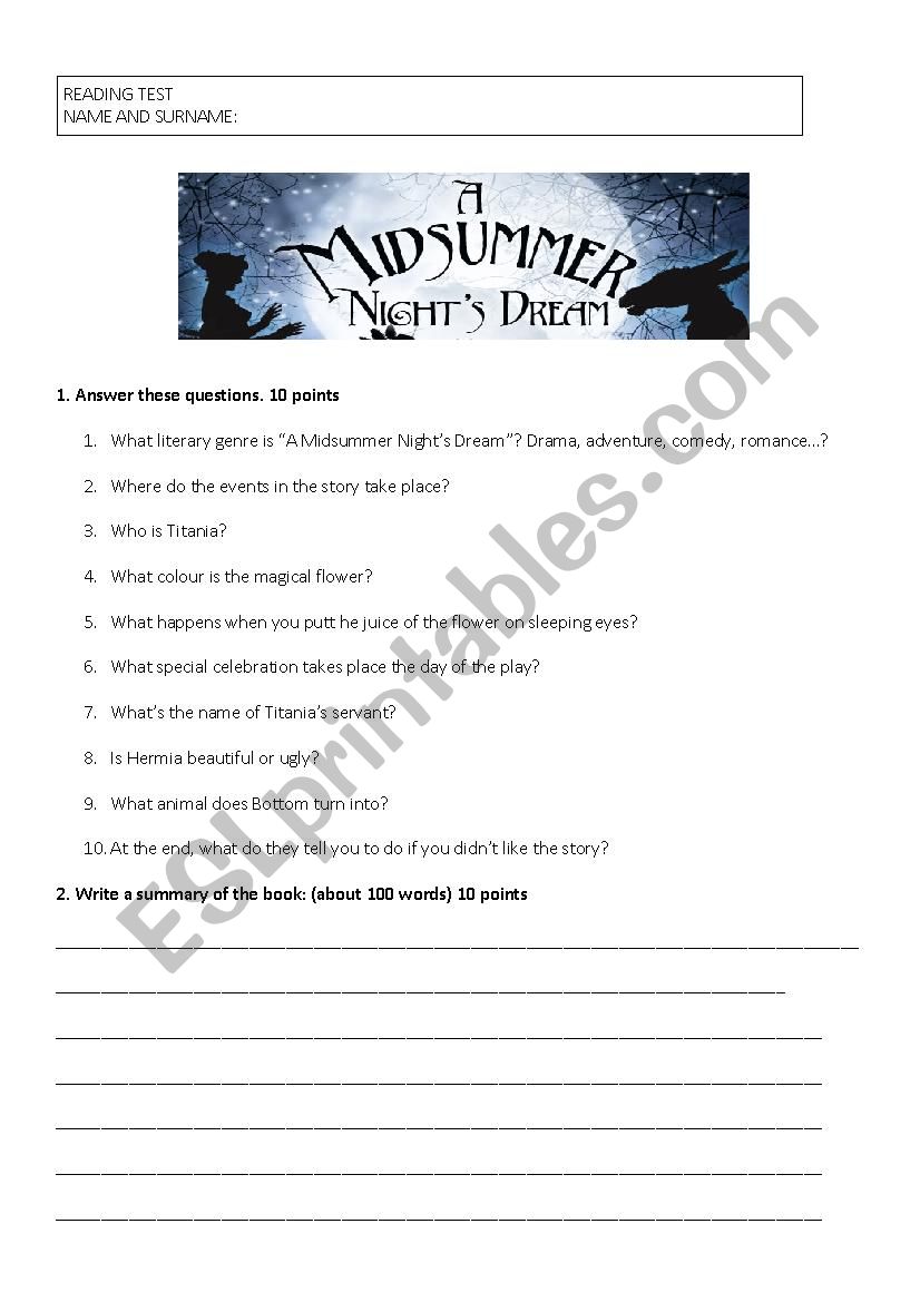 A Midsummer NightÂ´s Dream reading test