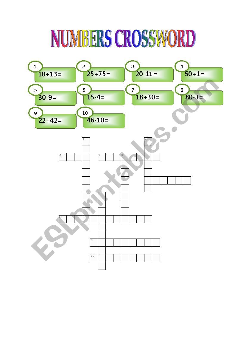 Nummbers crossword worksheet