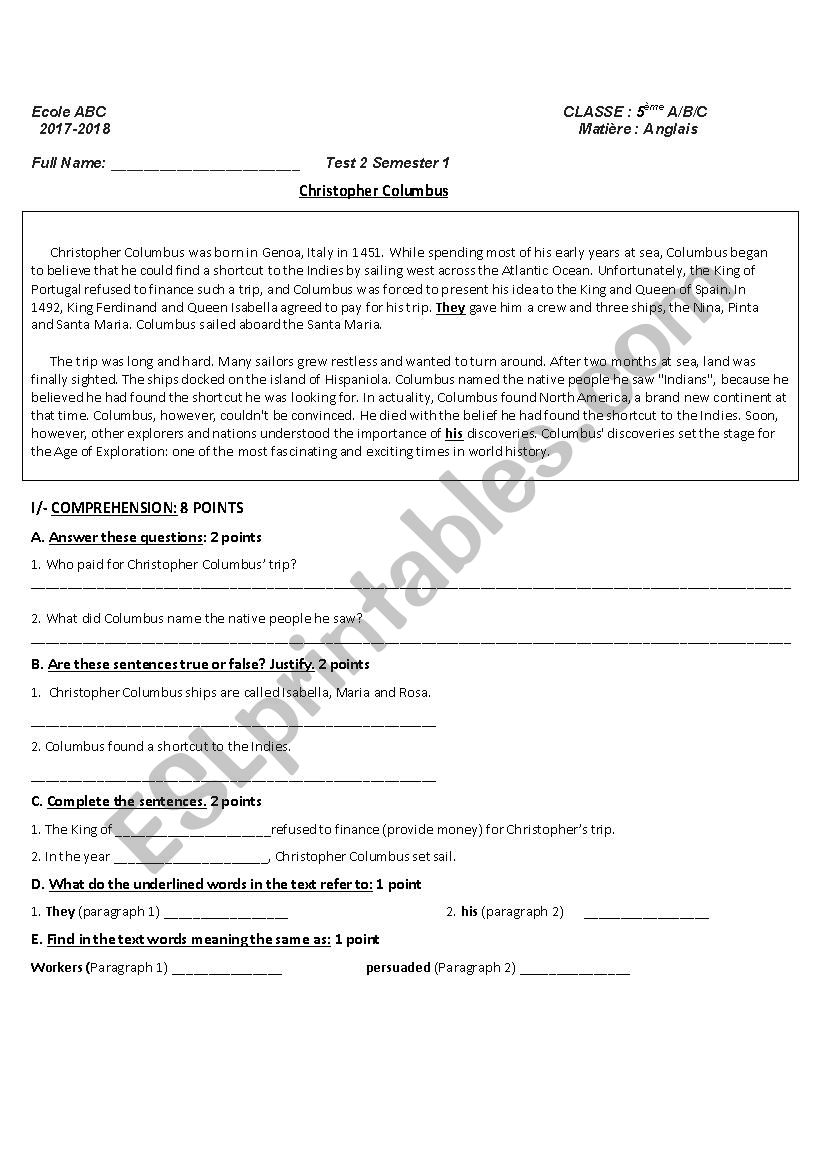 Christopher Columbus worksheet