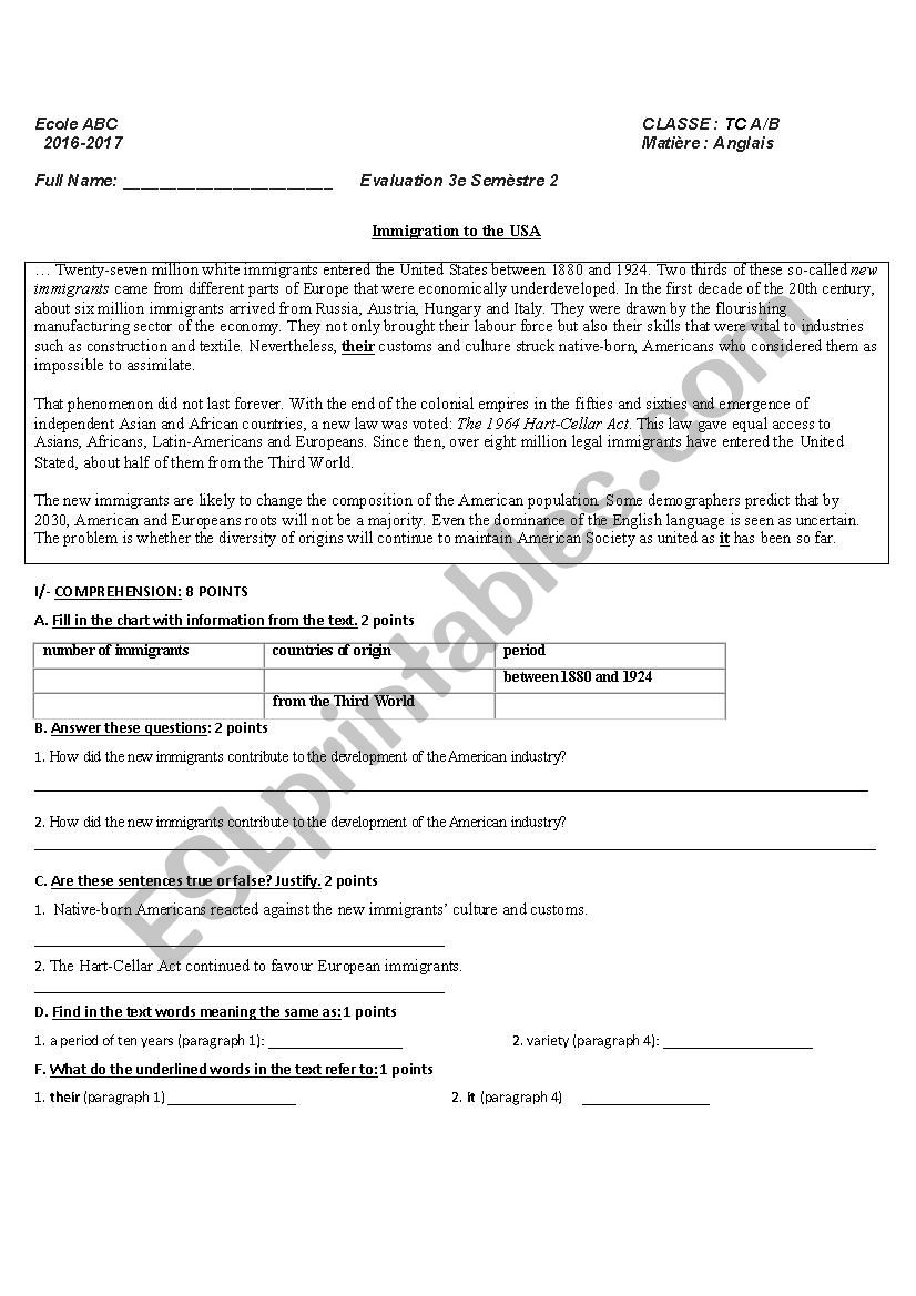 immigration to the USA worksheet