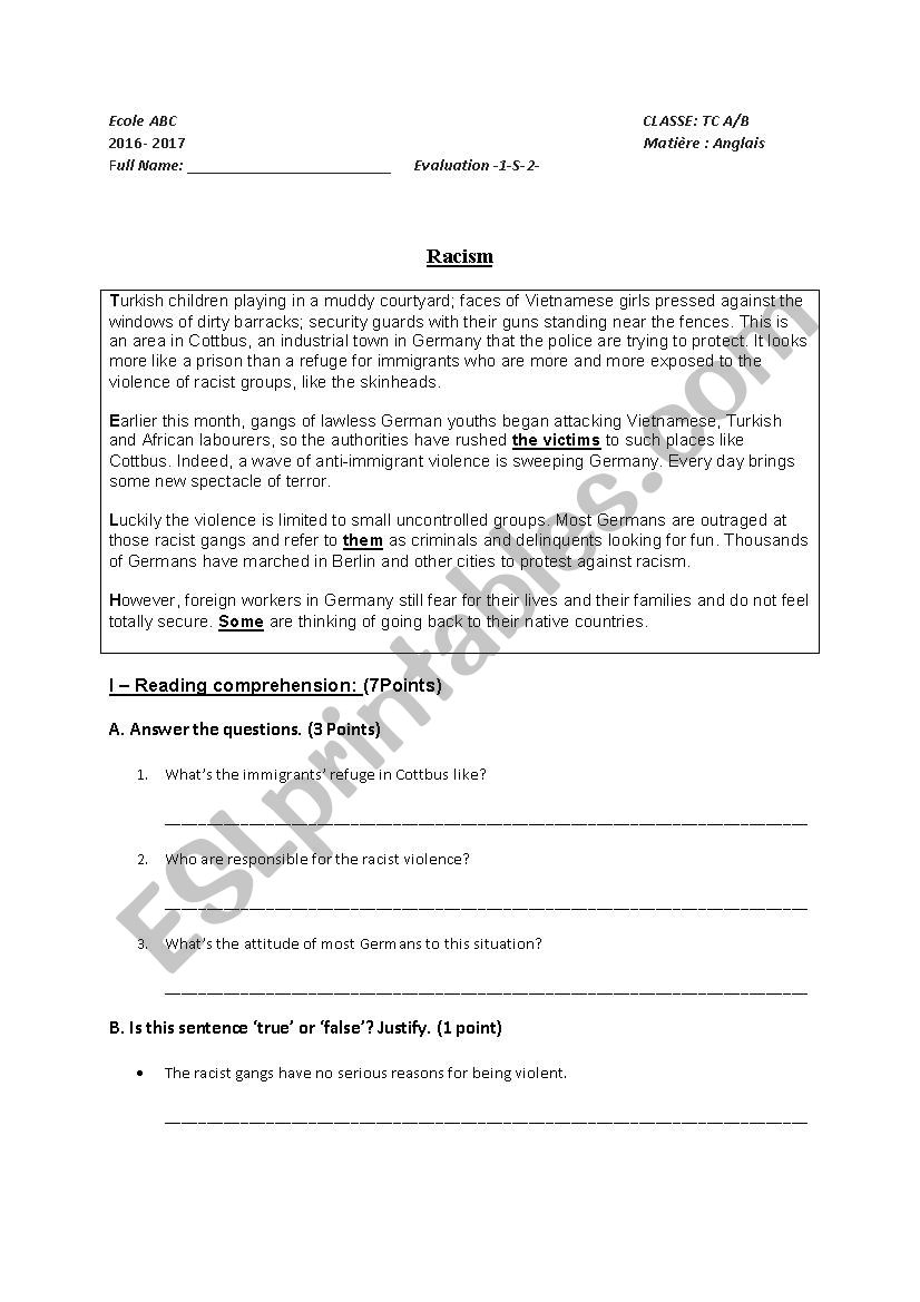 Racism worksheet