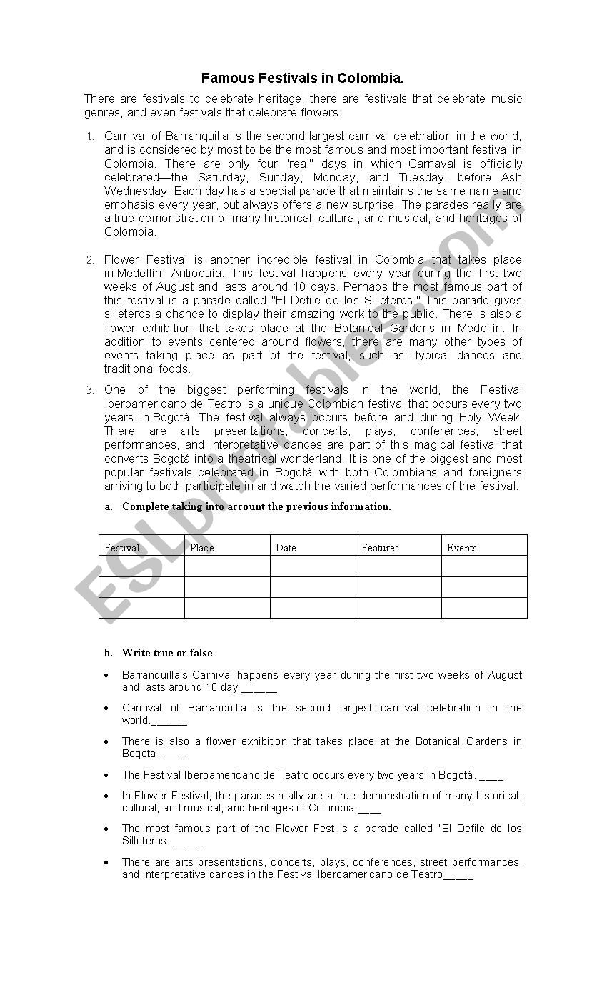 Famous Festivals in Colombia  worksheet