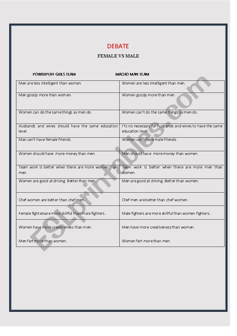 Sex war worksheet