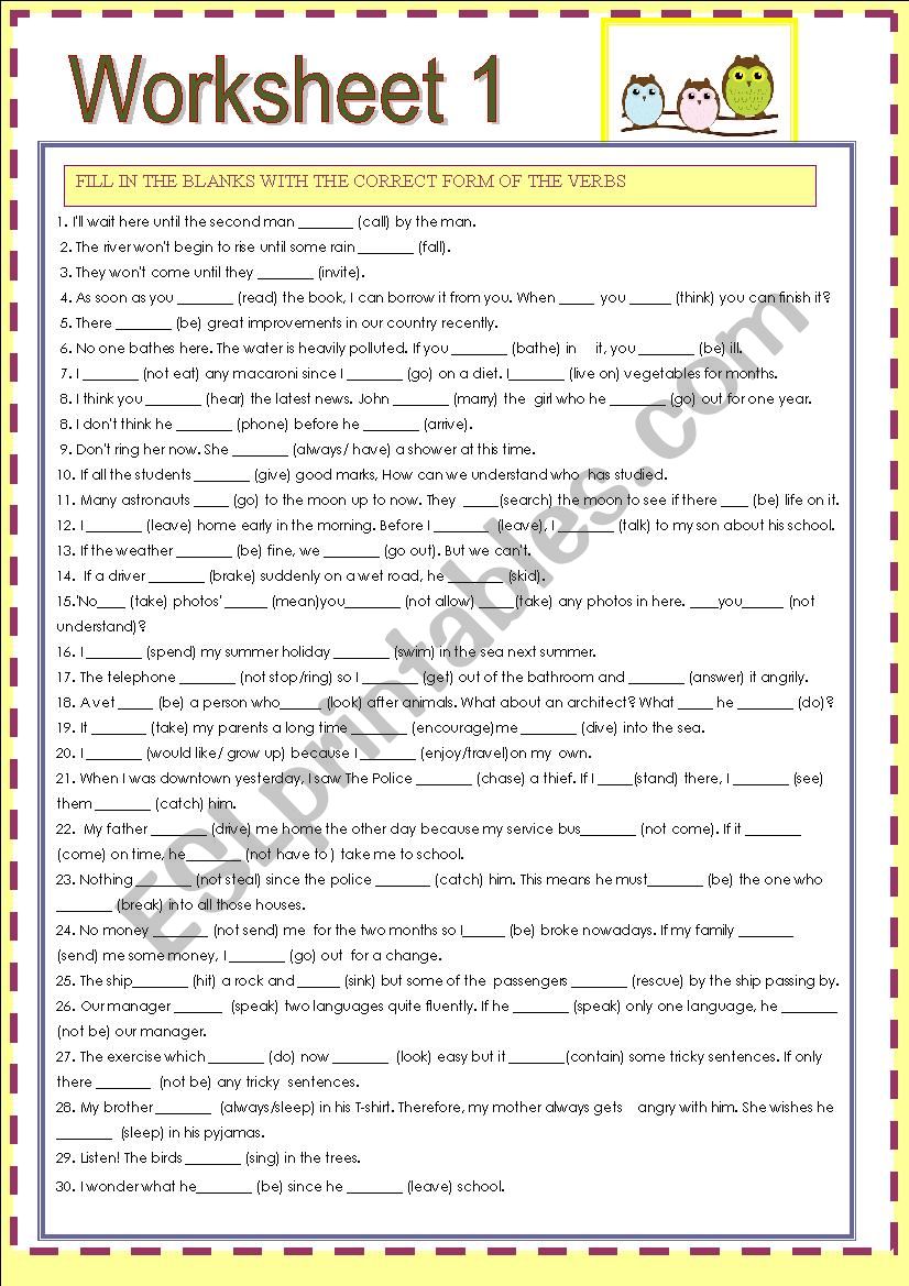 TWO WORKSHEETS IN ONE FILL IN THE BLANKS EXERCISE CONCERNING TENSE/TIME CLAUSE / IF / WISH ETC