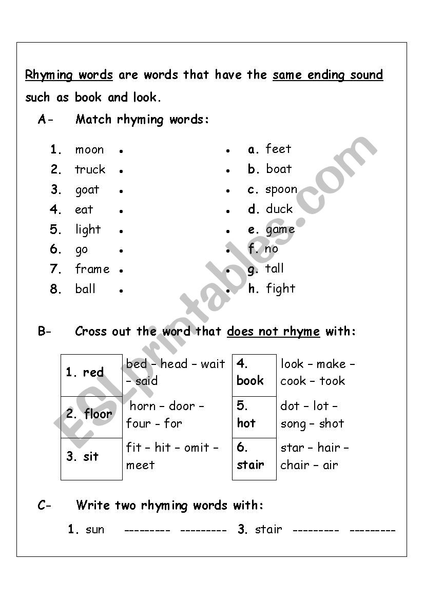 Rhyming Words Esl Worksheet By Nanamouallem