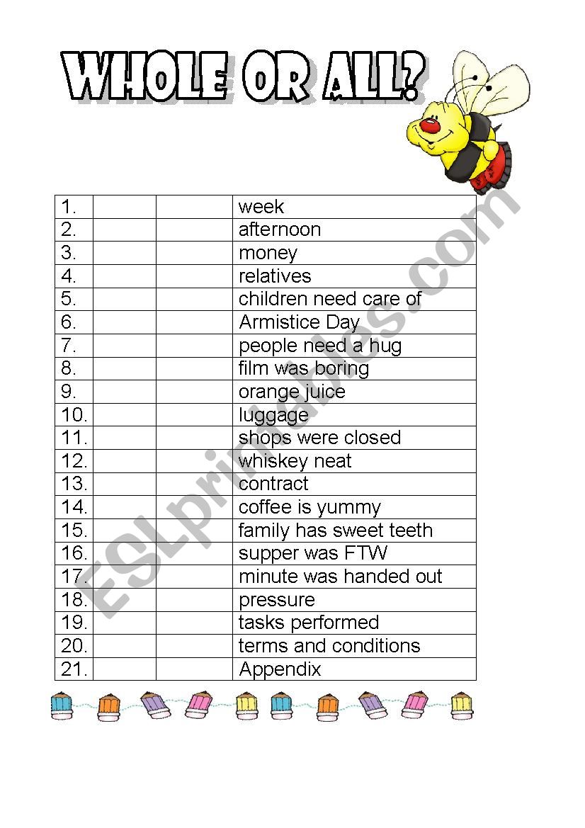 Whole and All  - practise  worksheet