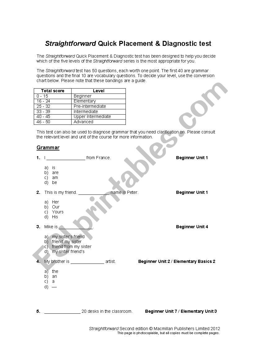 quick placement test worksheet