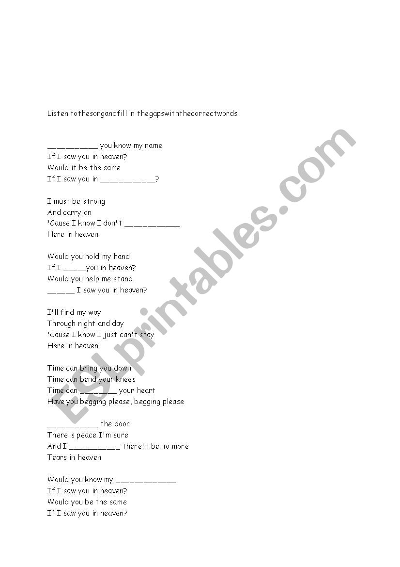 tears in heavem worksheet