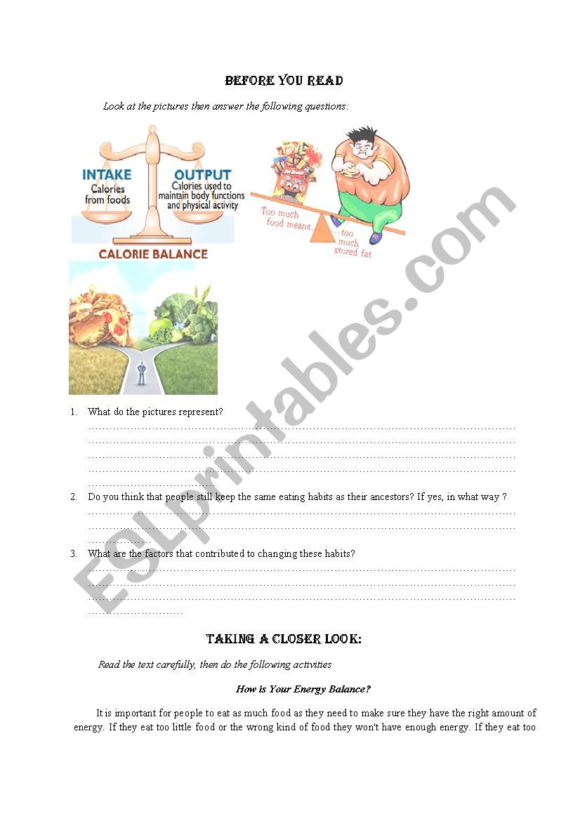 Energy balance  worksheet