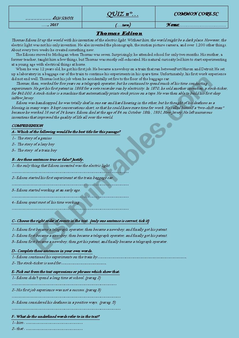 THOMAS EDISON worksheet