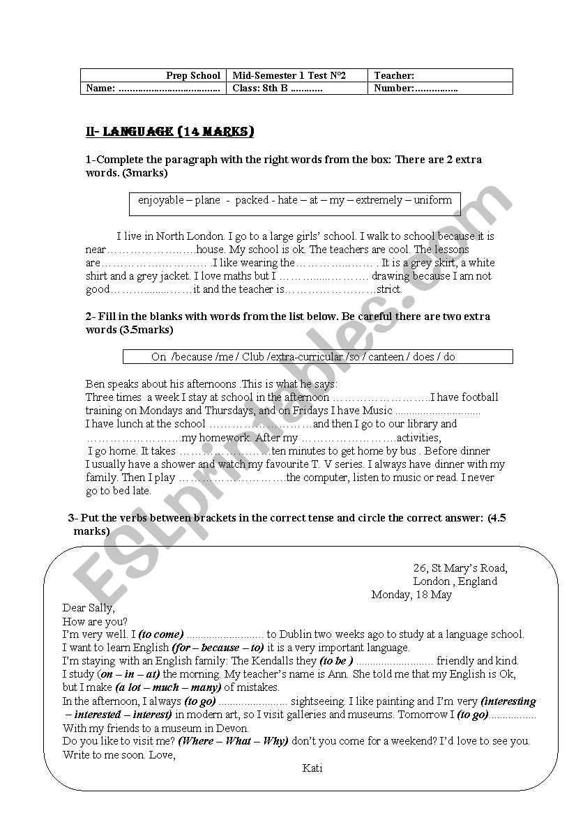 Mid-Term Test 2 8TH Form worksheet