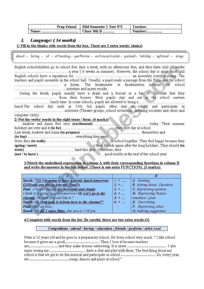 Mid-Term Test 2 8th Form worksheet