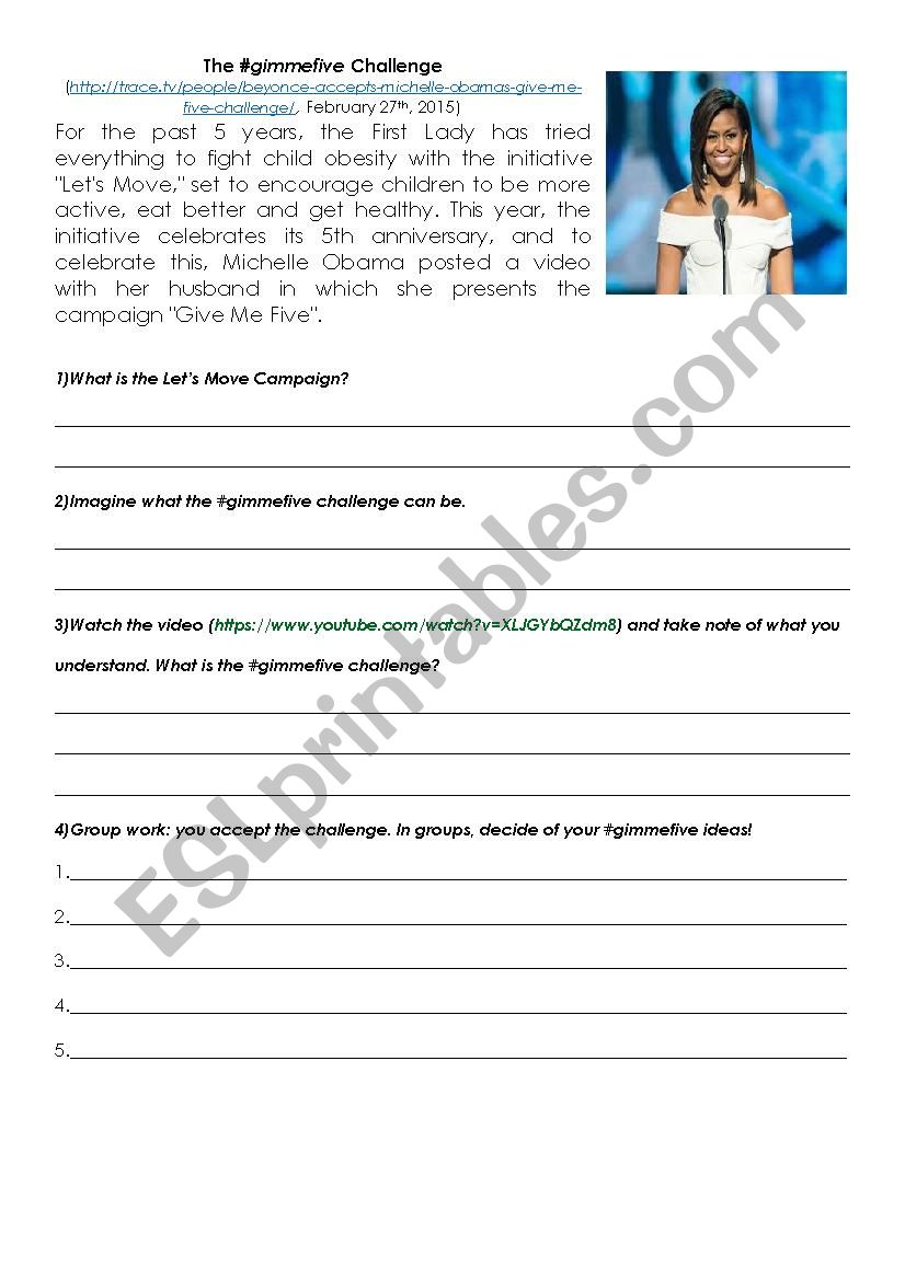 Give Me Five Challenge worksheet