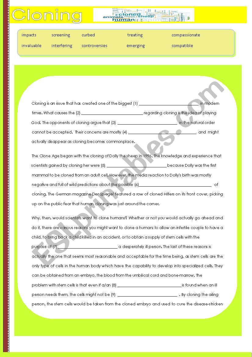 CLONING  worksheet