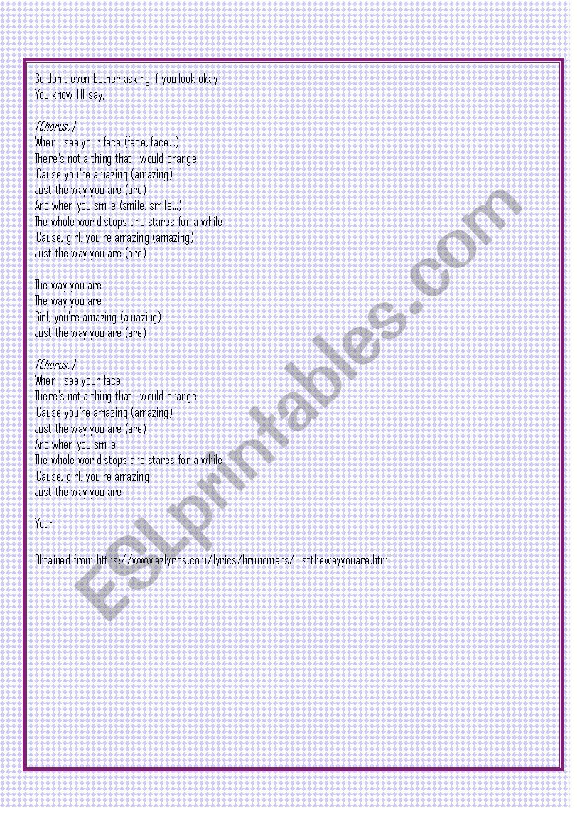 Learning With Songs Just The Way You Are Esl Worksheet By Adyene Learning With Songs Just The Way You Are Esl Worksheet By Adyene