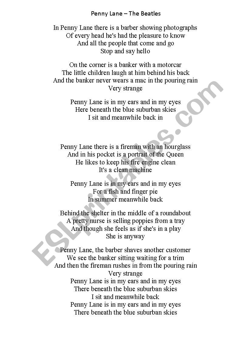 Penny Lane -The Beatles  worksheet