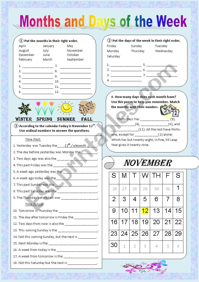 MONTHS and DAYS of the WEEK worksheet