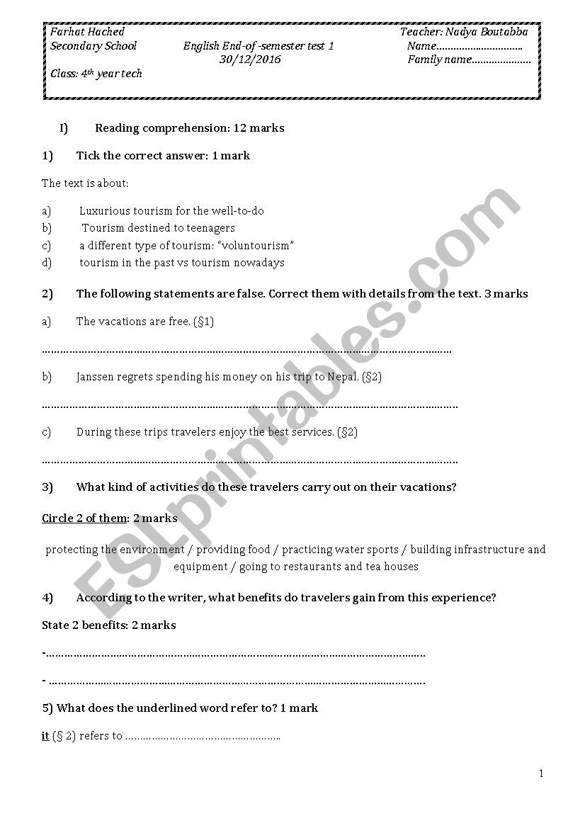 end-of-semester test for 4th year technical branch