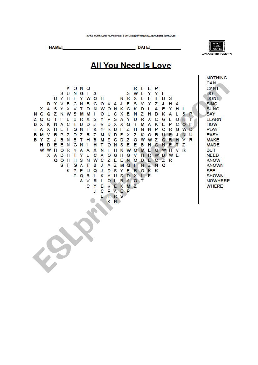 Wordsearch Puzzle. All you need is love. By The Beatles