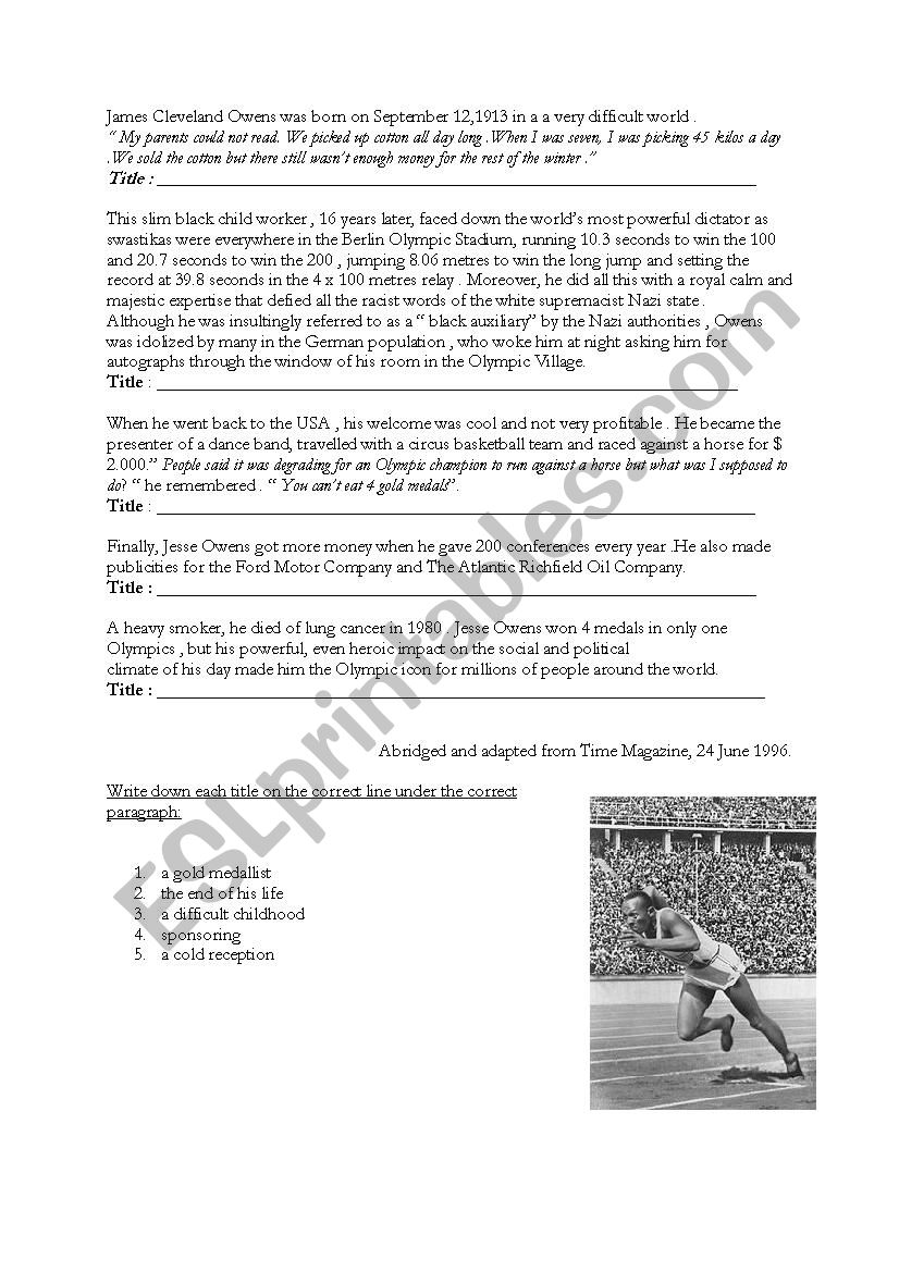 Jesse Owens - a short biography - ESL worksheet by raunie