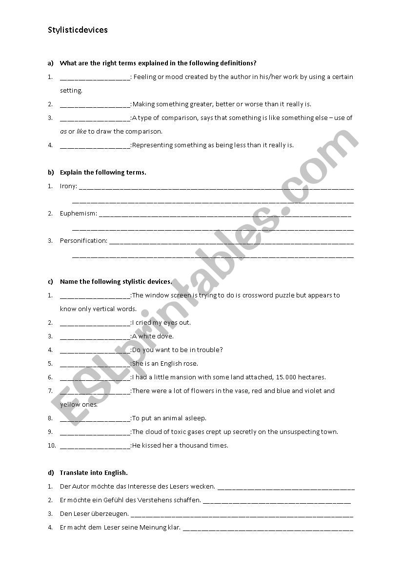 Stylistic devices worksheet