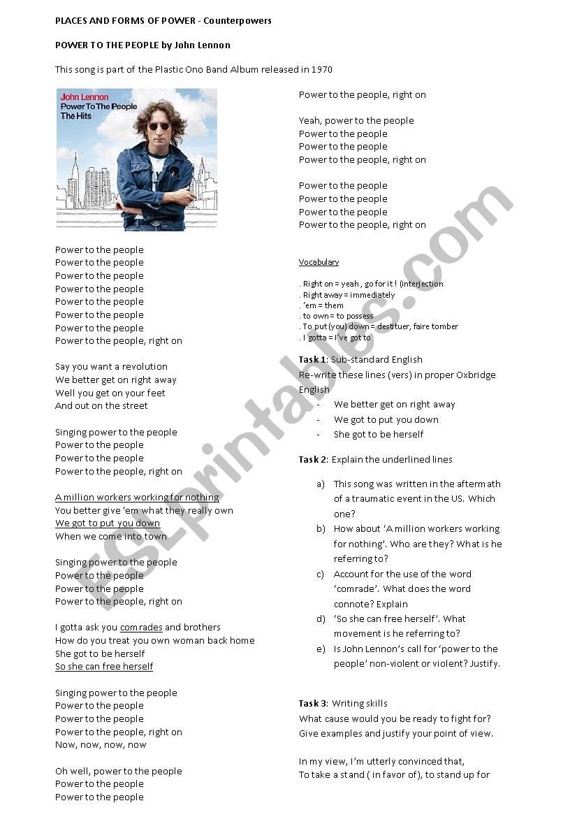 Power to the people a song by John Lennon worksheet