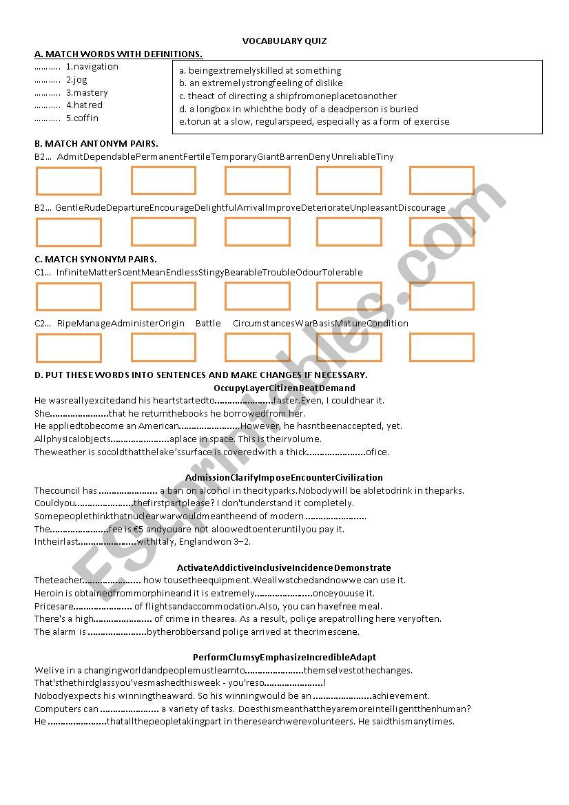 vocabulary quiz worksheet