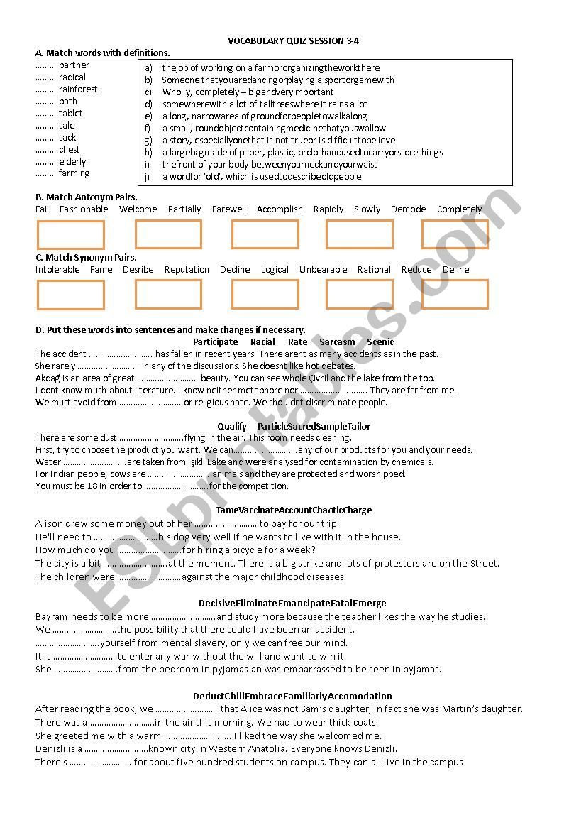 vocabulary quiz worksheet