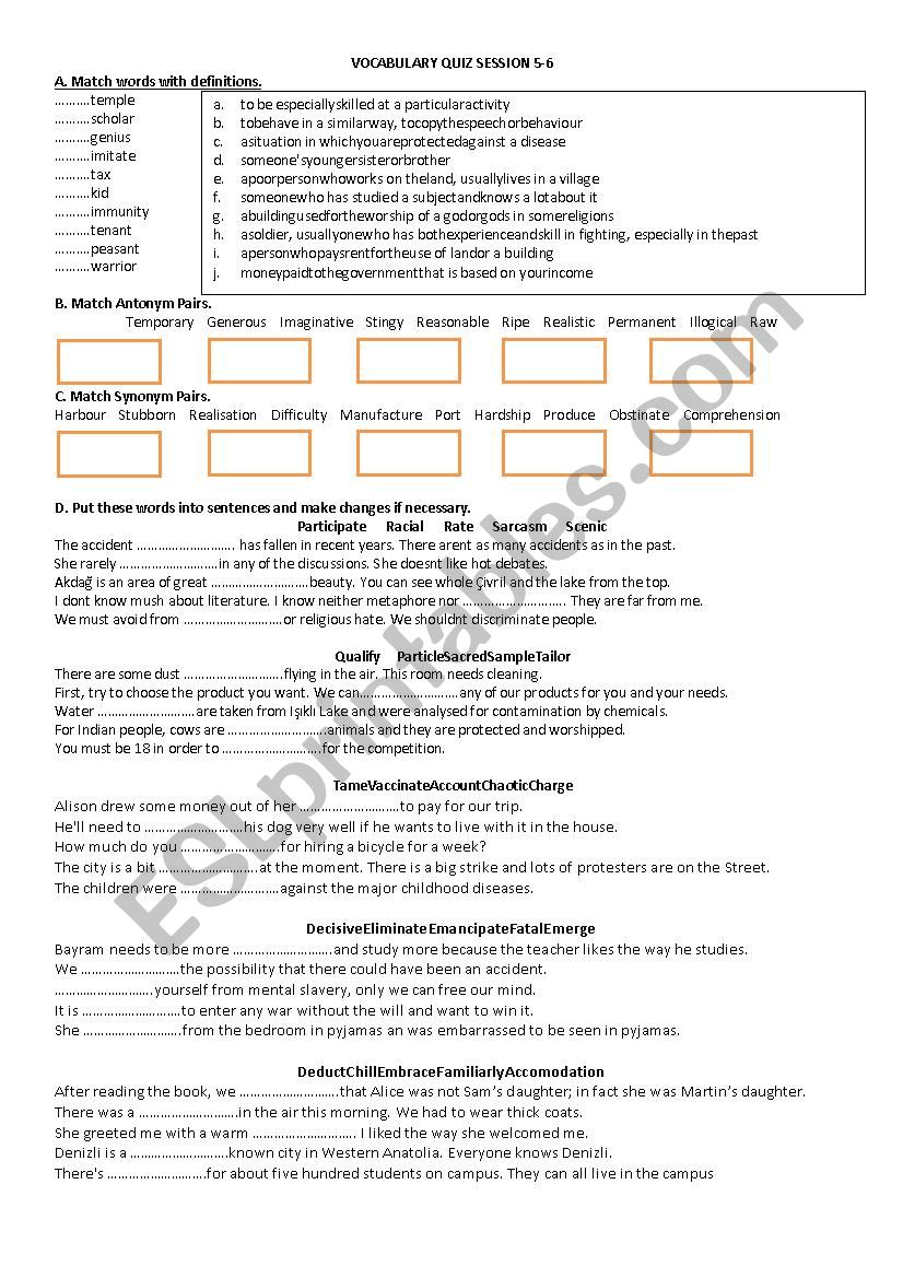 vocabulary quiz worksheet