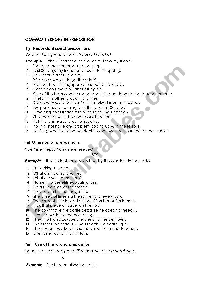 Common Errors in Preposition worksheet