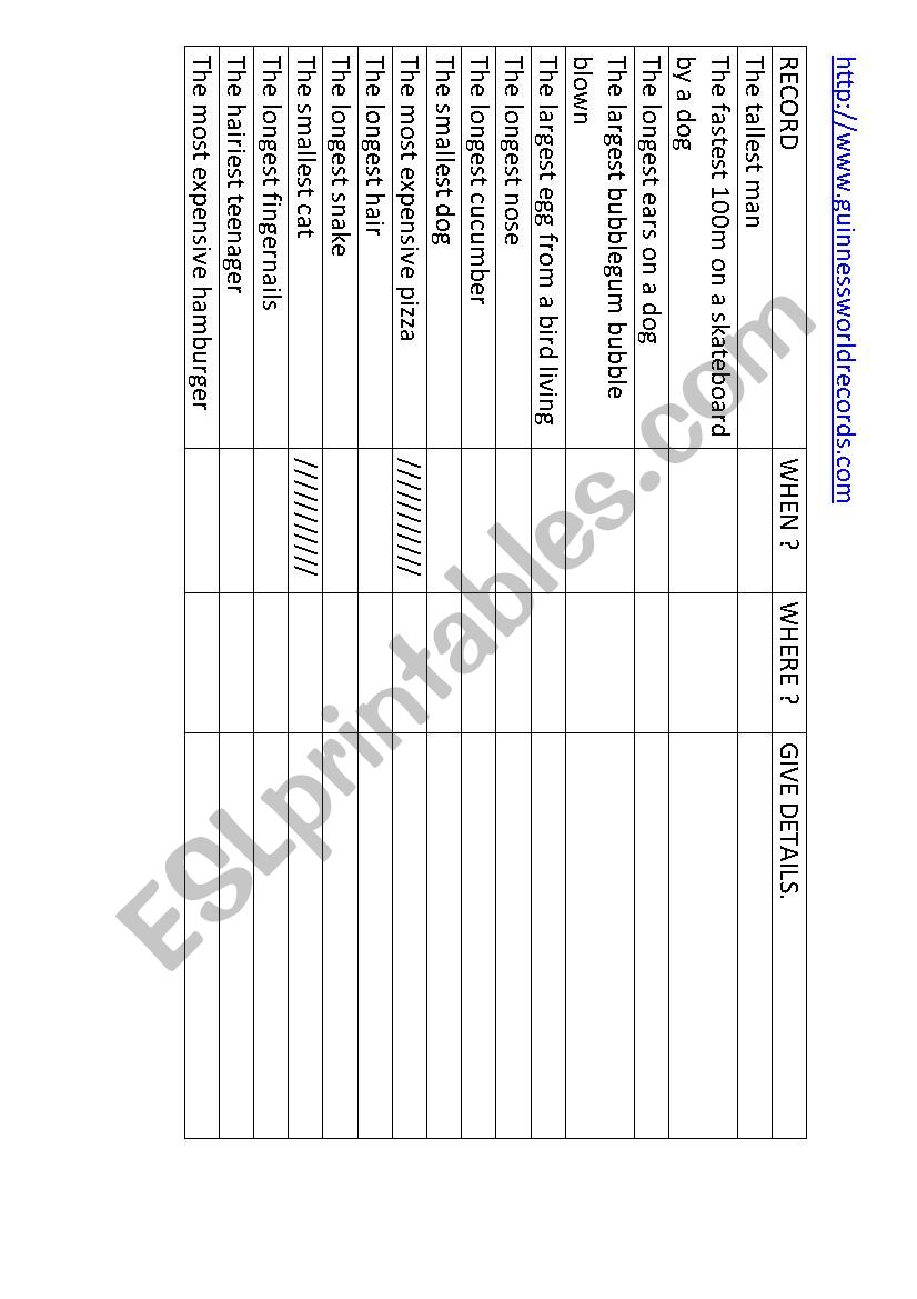 Guiness Book of Records worksheet