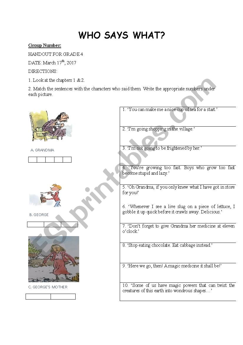 GeorgeÂ´s Marvellous Medicine Who says what Handout 