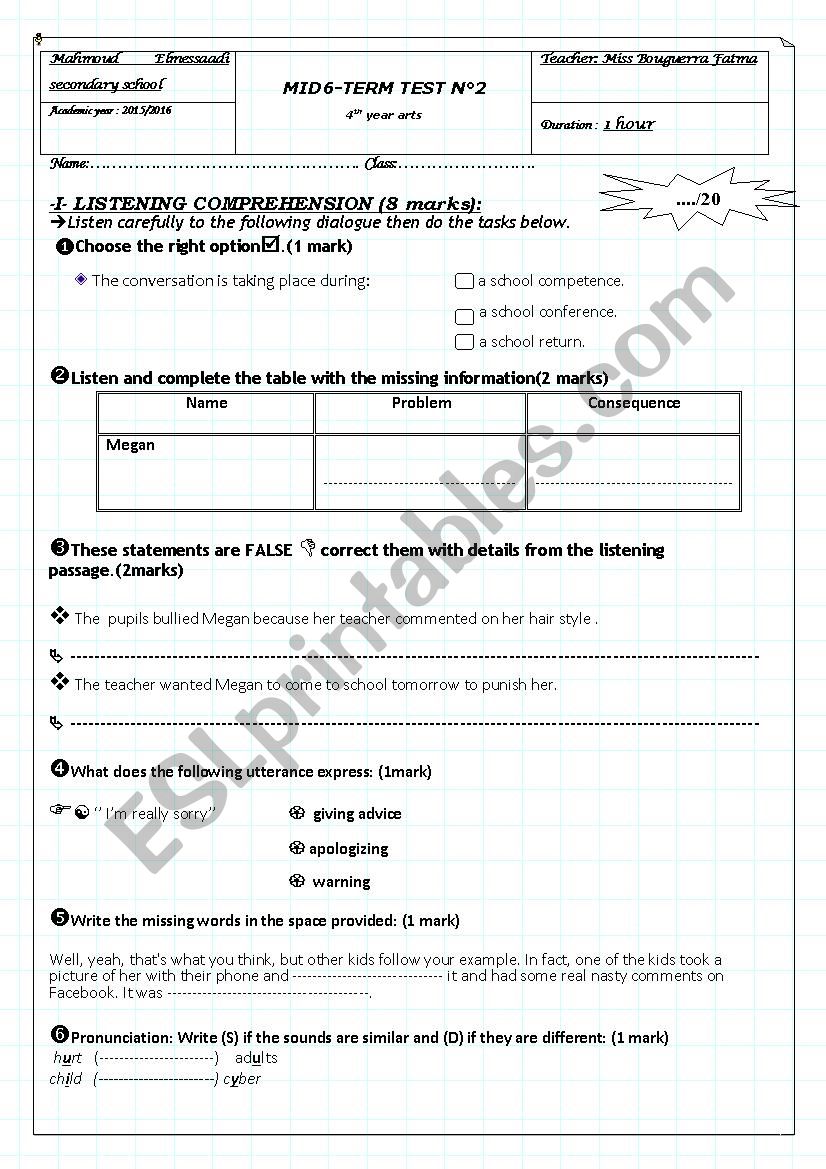 mid term test n2 bac students worksheet